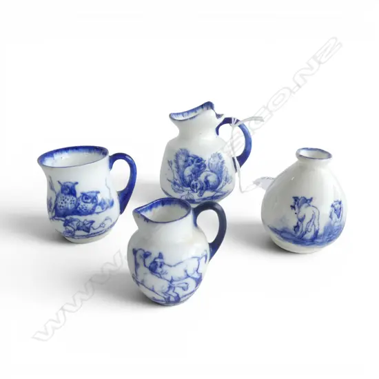 4 ROYAL DOULTON BLUE FLAMBE MINIATURES; squirrel, owl & lambs, H.40-60mm