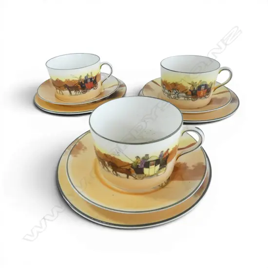 3 ROYAL DOULTON COACHING DAYS TRIOS one yellow carriage 