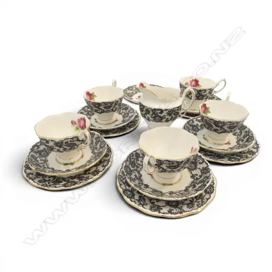 5 ROYAL ALBERT SENORITA TRIOS + MILK JUG, EXTRA PLATE & SAUCER (1 cup chipped)