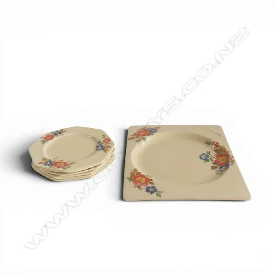 CLARICE CLIFF BIARRITZ PLATE & 6 SIDEPLATES 1930S  LARGE PLATE L230MM