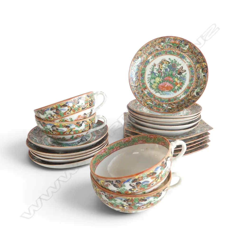 VINTAGE FAMILE ROSE CHINA; 11 PLATE, 5 HEXAGONAL PLATE & 4 EGGSHELL TEACUPS one w. chip Image 1++