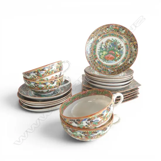 VINTAGE FAMILE ROSE CHINA; 11 PLATE, 5 HEXAGONAL PLATE & 4 EGGSHELL TEACUPS one w. chip