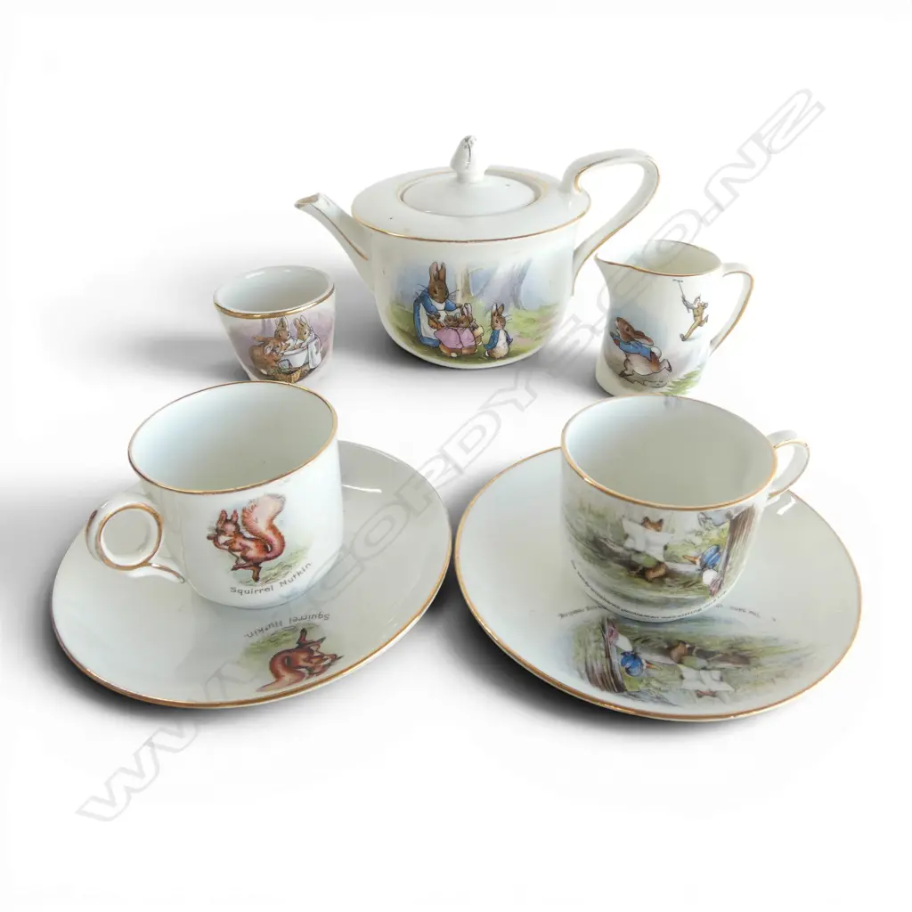 1920s GRIMWADES BEATRIX POTTER PETER RABBIT NURSERY TEASET; TEAPOT, M/S & 2 C/S Image 1++