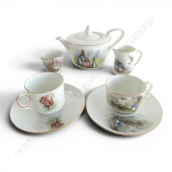 1920s GRIMWADES BEATRIX POTTER PETER RABBIT NURSERY TEASET; TEAPOT, M/S & 2 C/S