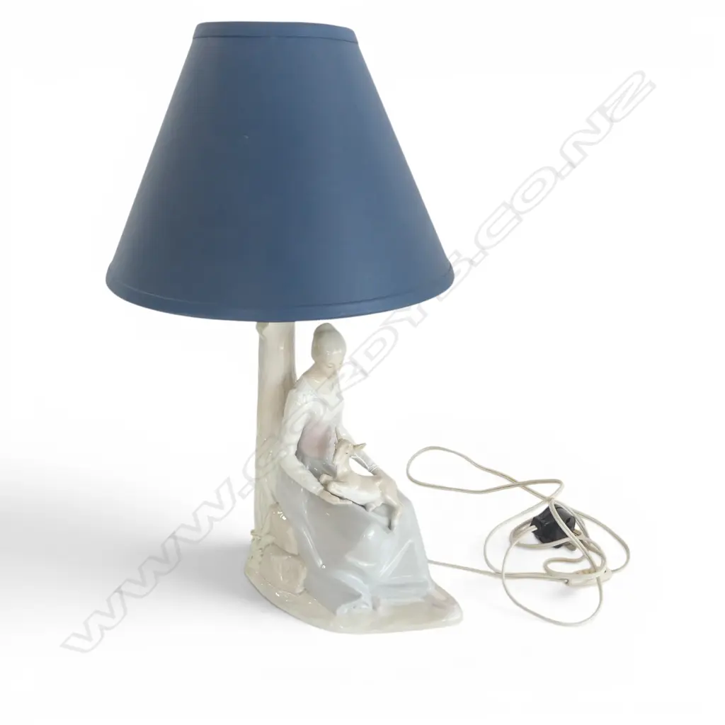 SPANISH PORCELAIN FIGURAL TABLE LAMP (WOMAN w. BABY GOAT) H.510mm Image 1++