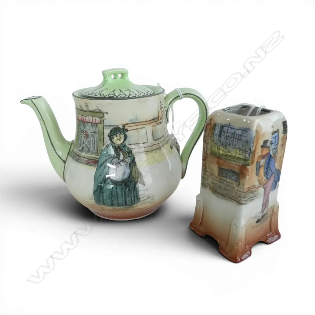 ROYAL DOULTON DICKENS WARE TEAPOT & SML VASE, H.125/95mm Image 1++