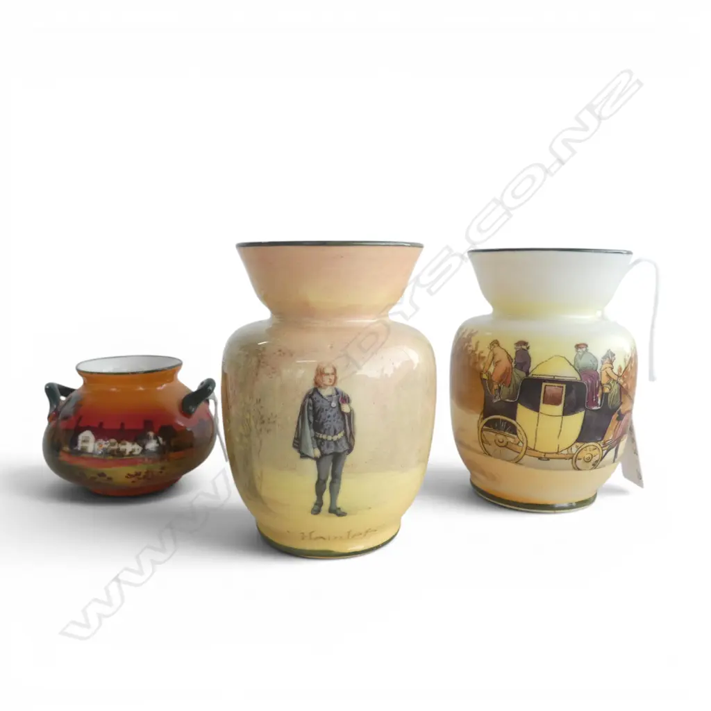 2 SML ROYAL DOULTON VASES, H.80mm & MINIATURE POT w HANDLES, H.40mm Image 1++