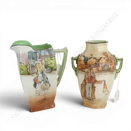 2 PCS ROYAL DOULTON DICKENS WARE, LRG JUG, H.180mm & 2 HANDLED VASE, H.180mm