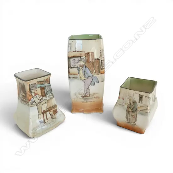 3 ROYAL DOULTON SML DICKENS WARE VASES, H.120,85,60mm