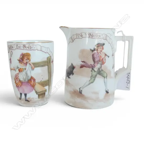 2 PCS ROYAL DOULTON NURSERY RHYME WARE; 'BO PEEP' BEAKER & 'TO MARKET' JUG, H.110mm