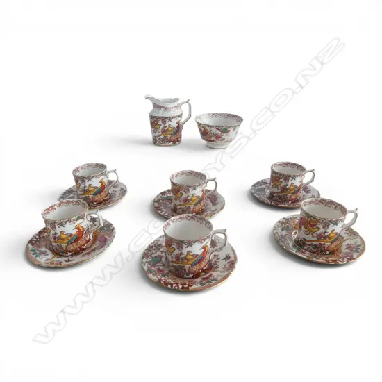 6 ROYAL CROWN DERBY 'OLDE AVESBURY' CANS, SAUCERS, SUGAR & CREAM