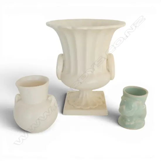 WHITE GLAZED URN , CROWN LYNN? VASE + EGG CUP H.200mm