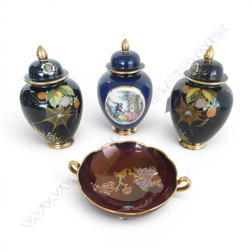 3 CROWN DEVON LIDDED URNS H.190mm + BOWL Image 1++
