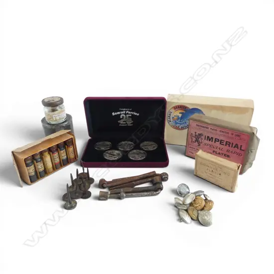 VINTAGE MODEL HORNBY TRAIN LAMPS, SEARAIL FERRIES COIN SET, NAVY BUTTONS, SLEEPER NAILS ETC
