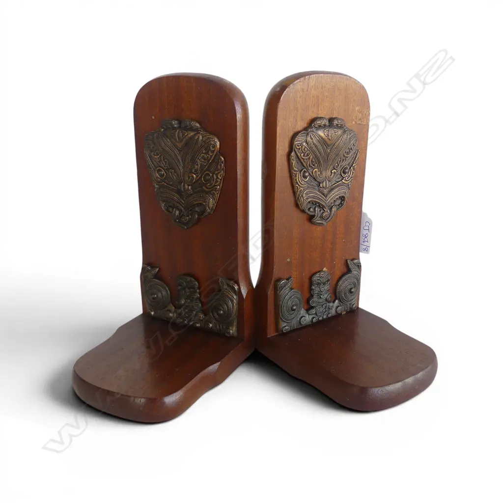 PR KINGSLEY MAHOGANY BOOKENDS w. PRESSED METAL MAORI MOTIFS H.210mm Image 1++