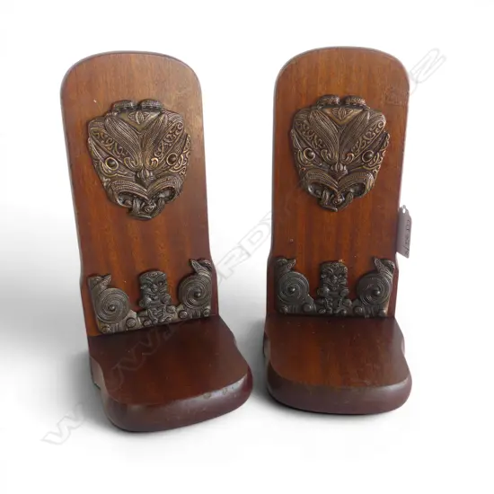 PR KINGSLEY MAHOGANY BOOKENDS w. PRESSED METAL MAORI MOTIFS H.210mm