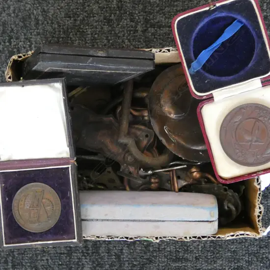ASST. METAL FURNITURE HANDLES / HARDWARE, 19thC MEDALS, 3 LADY SHEAFFER PENS CASED