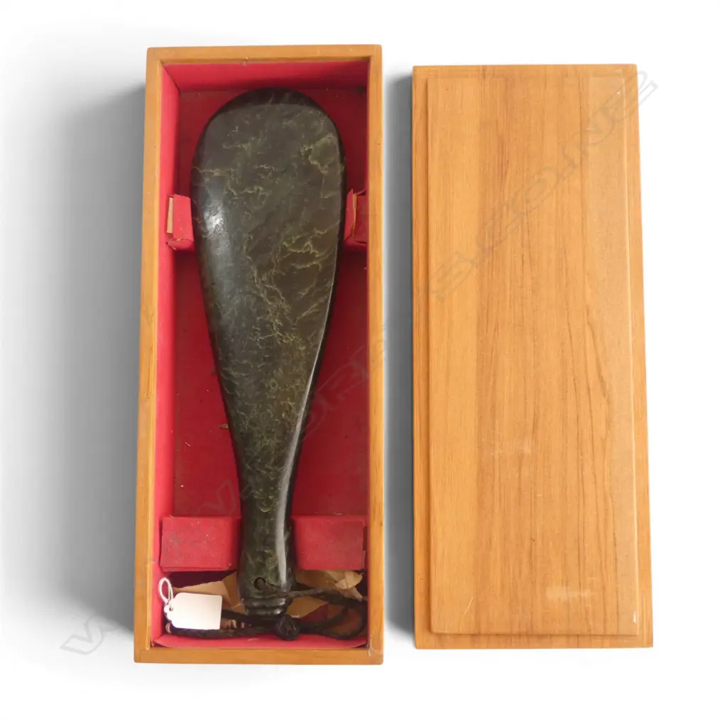 LARGE CONTEMPORARY MAORI CARVED DARK POUNAMU MERE. L.360mm. In rimu presentation box. Image 1++