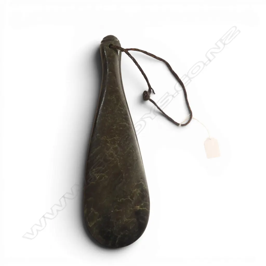 LARGE CONTEMPORARY MAORI CARVED DARK POUNAMU MERE. L.360mm. In rimu presentation box. Image 1++
