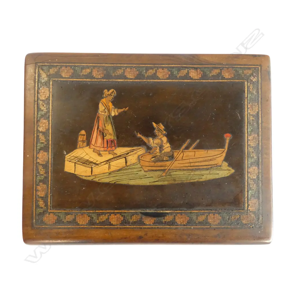 MARQUETRY BOX OF SAILOR & LADY w. hidden compartment 150x120x110mm Image 1++