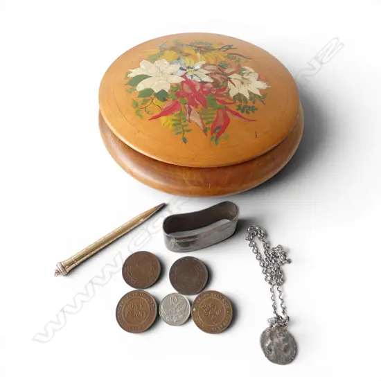 STG SILVER PENDANT NECKLACE 31.68gms, NAPKIN RING & GOLD FILLED PROPELLING PENCIL etc + TURNED WOOD BOX