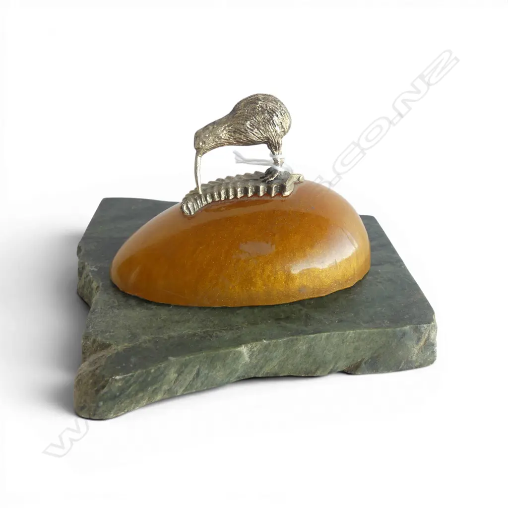 VINTAGE GILT KIWI on half resin 'egg' with POUNAMU SLAB. L.115mm Image 1++