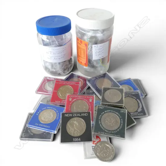 ASST. COMM. COINS + 2 TUBS OF N.Z. 1 2 3 10 20 & 50 CENT COINS