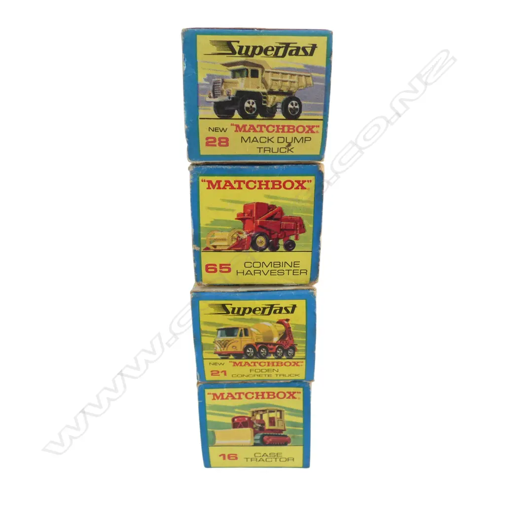 4 BOXED MATCHBOX MODELS; FODEN CONCRETE TRUCK, MACK DUMP TRUCK, COMBINE HARVEST, CASE TRACTOR Image 1++