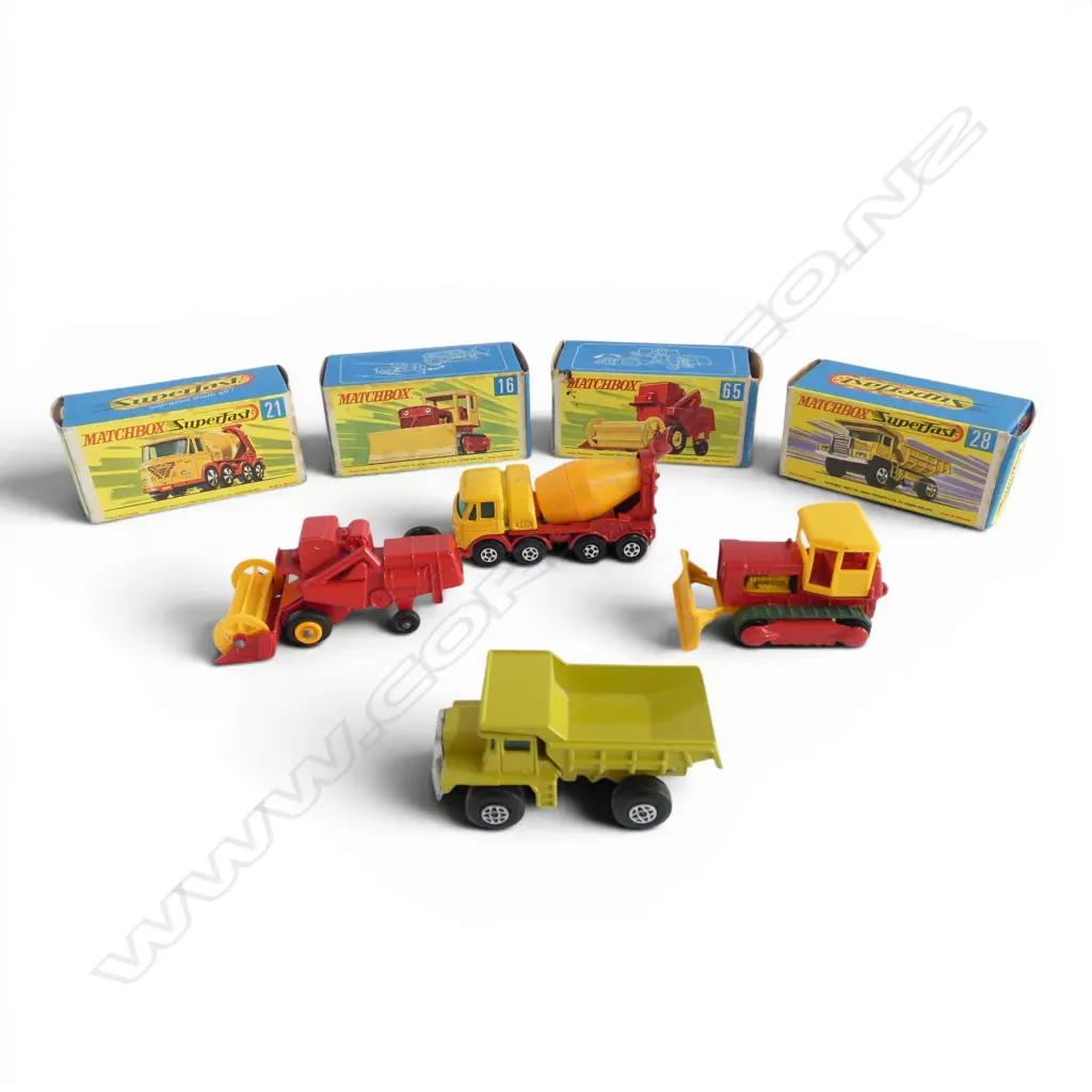 4 BOXED MATCHBOX MODELS; FODEN CONCRETE TRUCK, MACK DUMP TRUCK, COMBINE HARVEST, CASE TRACTOR Image 1++