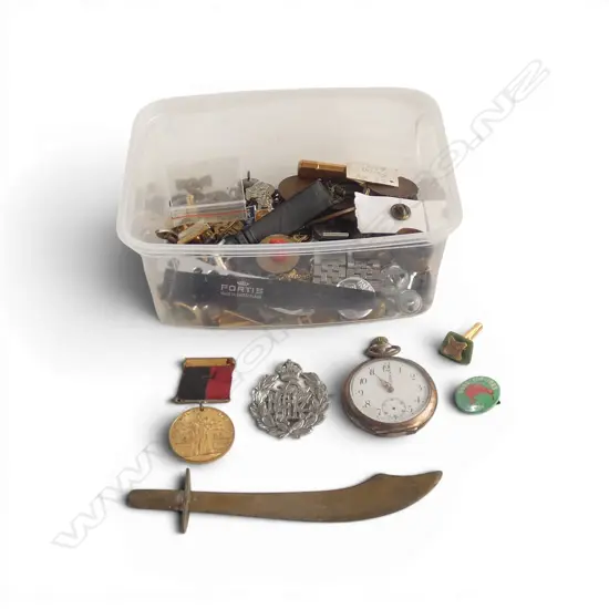 ASST. CUFFLINKS, BADGES, 800 SILVER POCKET WATCH