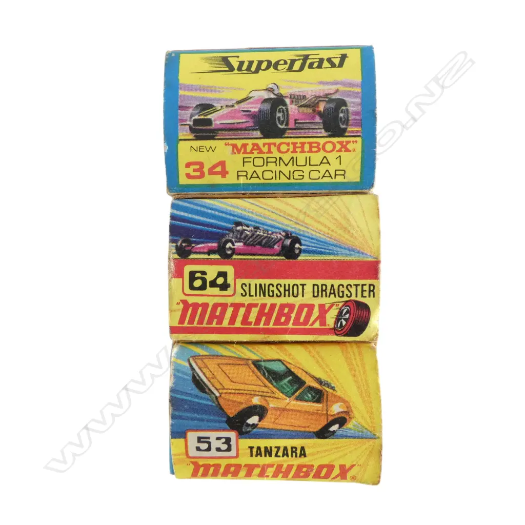 3 BOXED MATCHBOX MODELS; TANZARA, SLINGSHOT DRAGSTER, F1 RACING CAR Image 1++