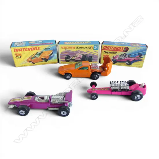 3 BOXED MATCHBOX MODELS; TANZARA, SLINGSHOT DRAGSTER, F1 RACING CAR
