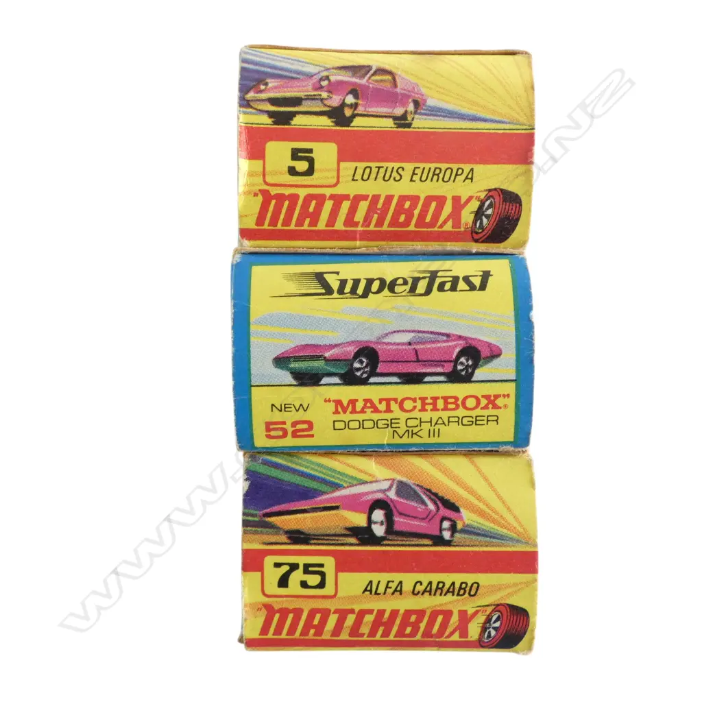 3 BOXED MATCHBOX MODELS; ALFA CARABO, DODGE CHARGER MKII, LOTUS EUROPA Image 1++