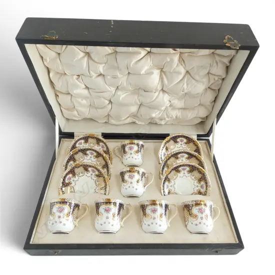 CASED ENGLISH CHINA 6 PLACE COFFEE CAN & SAUCER SET manufactored for Harrods