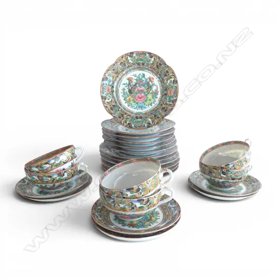 ASST. VINTAGE FAMILE ROSE CHINA; 5 PLATES, 6 CAKE PLATES, 6 SAUCERS & 4 EGGSHELL TEACUPS one w. hairline
