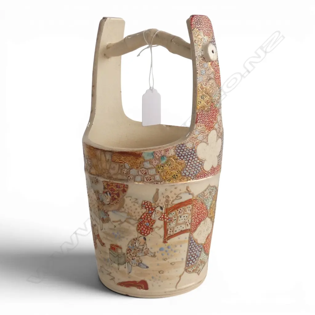 JAPANESE SATSUMA HANDPAINTED BUCKET VASE SIGNED H260MM Image 1++