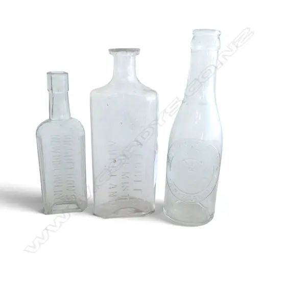 3 VINTAGE GLASS BOTTLES H.200mm