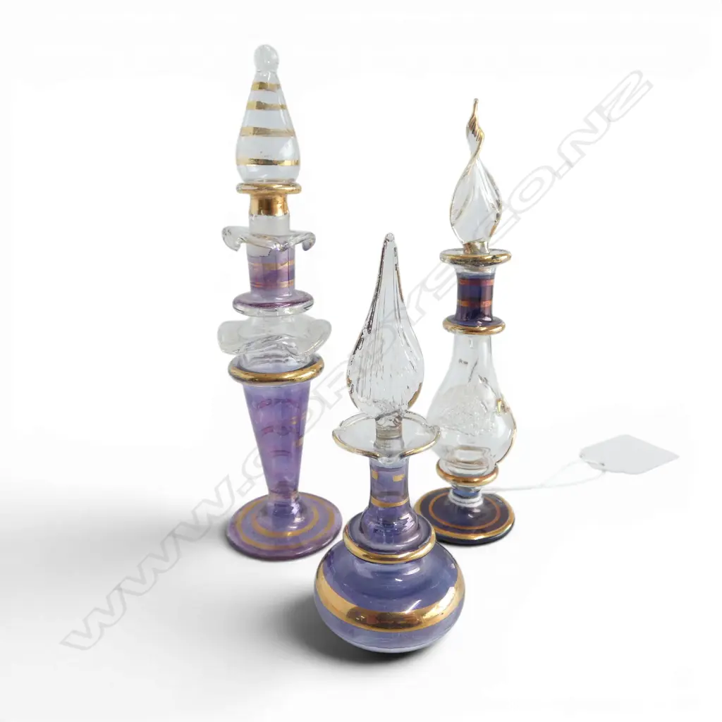 3 VINTAGE VENETIAN GLASS PERFUME BOTTLES w long dipper stoppers. Tallest 130mm Image 1++