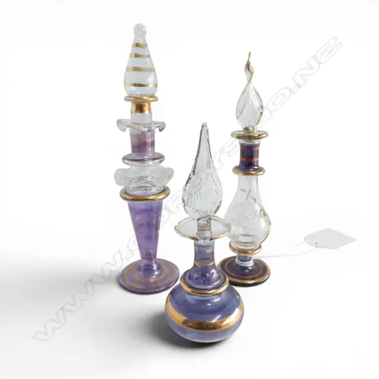 3 VINTAGE VENETIAN GLASS PERFUME BOTTLES w long dipper stoppers. Tallest 130mm