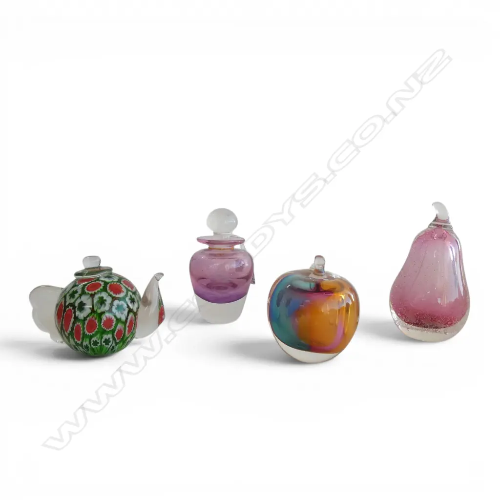 4 ART GLASS PAPERWEIGHTS; PEAR, APPLE, TEAPOT & BOTTLE H.240mm Image 1++