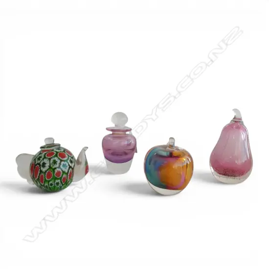 4 ART GLASS PAPERWEIGHTS; PEAR, APPLE, TEAPOT & BOTTLE H.240mm
