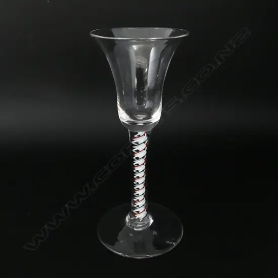 ANTIQUE 3 colour TWIST STEM DRINKING GLASS white red green ribbon twists H.158mm