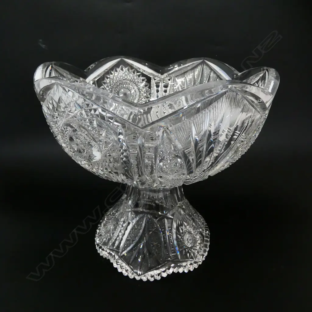 c.1880'S U.S.A. CUT CRYSTAL PUNCH BOWL ON STAND attributed to Tiffany H.290 W.300mm Image 1++