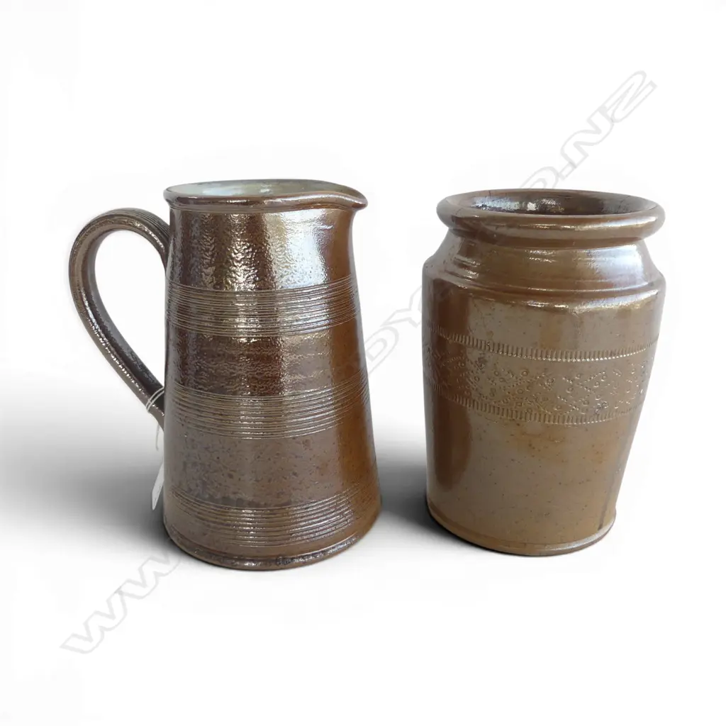 SALT GLAZED STONEWARE JUG (GRES DU BERRY FRANCE) & CROCK (HAIRLINES) H.190mm Image 1++