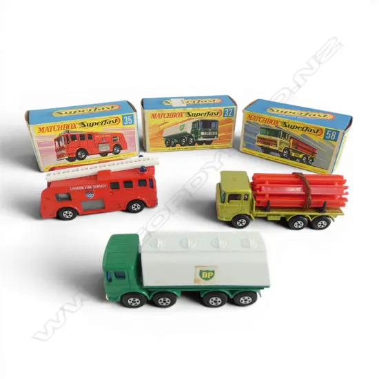 3 BOXED MATCHBOX MODELS; LEYLAND PETROL TANKER, MERRYWEATHER FIRE ENGINE, DAF GRIDER TRUCK