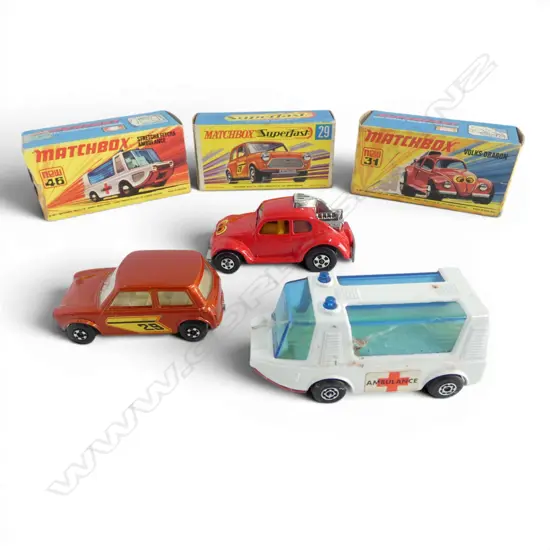 3 BOXED MATCHBOX MODELS; STETCHA FETCHA, RACING MINI, VOLKS-DRAGON