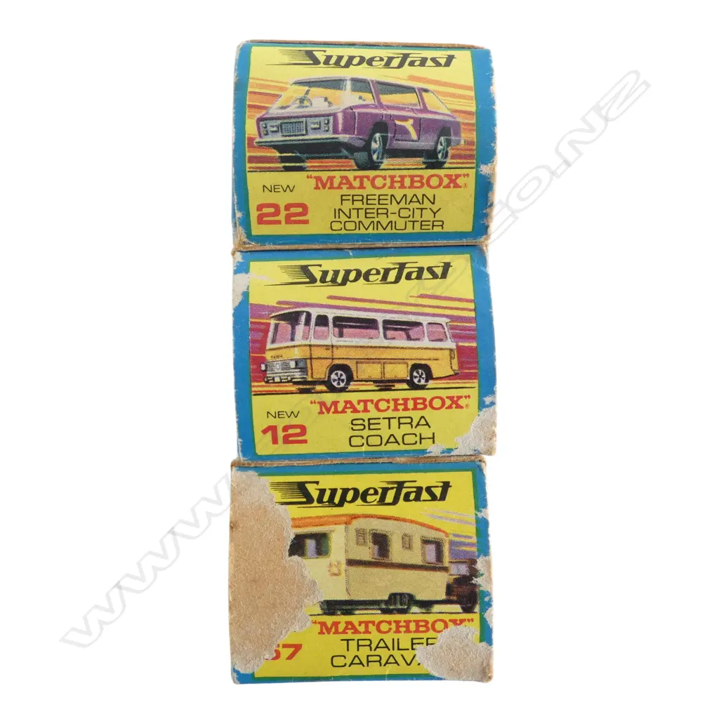 3 BOXED MATCHBOX MODELS; FREEMAN INTER-CITY COMMUTER, SETRA COACH, TRAILER CARAVAN Image 1++