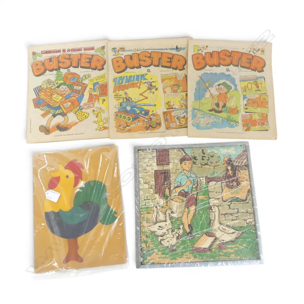 2 VINTAGE WOODEN PUZZLES + 3 1980's BUSTER COMICS Image 1++