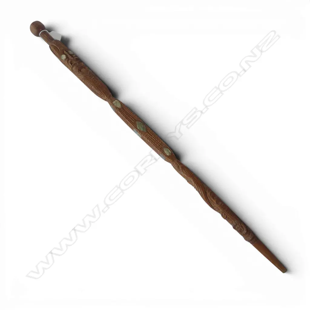 MAORI FOLK ART CARVED WALKING STICK paua inserts. L.1050mm Image 1++