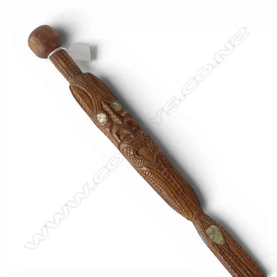 MAORI FOLK ART CARVED WALKING STICK paua inserts. L.1050mm
